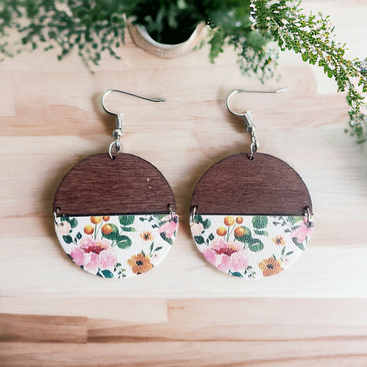 Wood + Leather Half Circle Botanical Floral Earrings