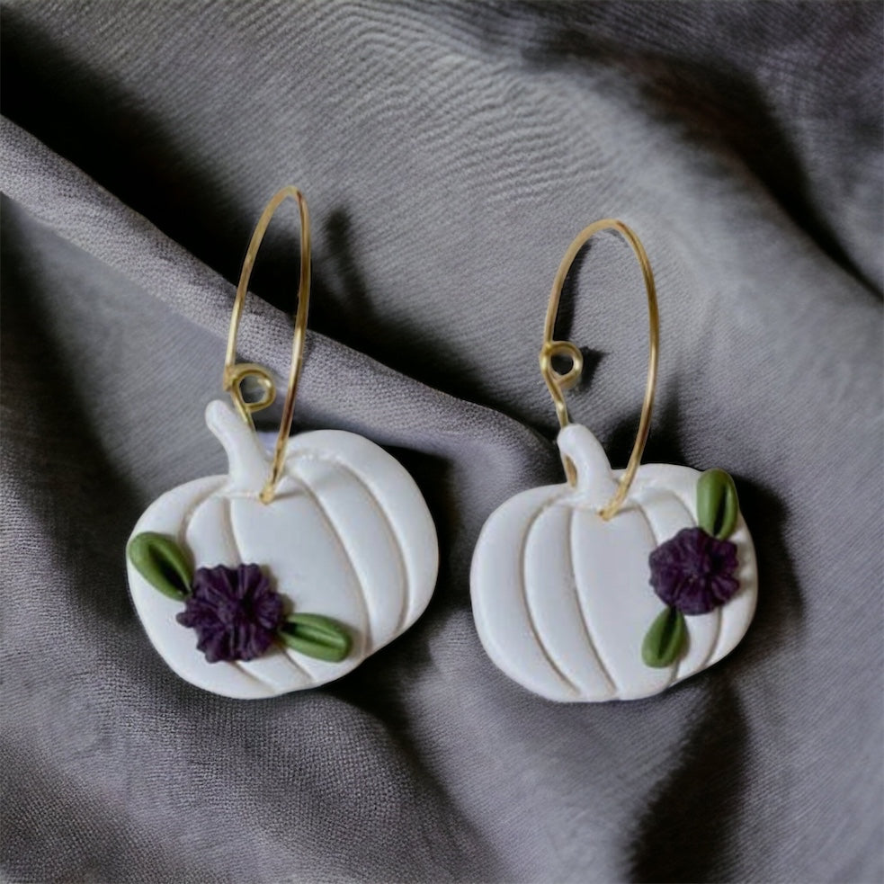 Floral White Pumpkin Clay Gold Hoop Earrings