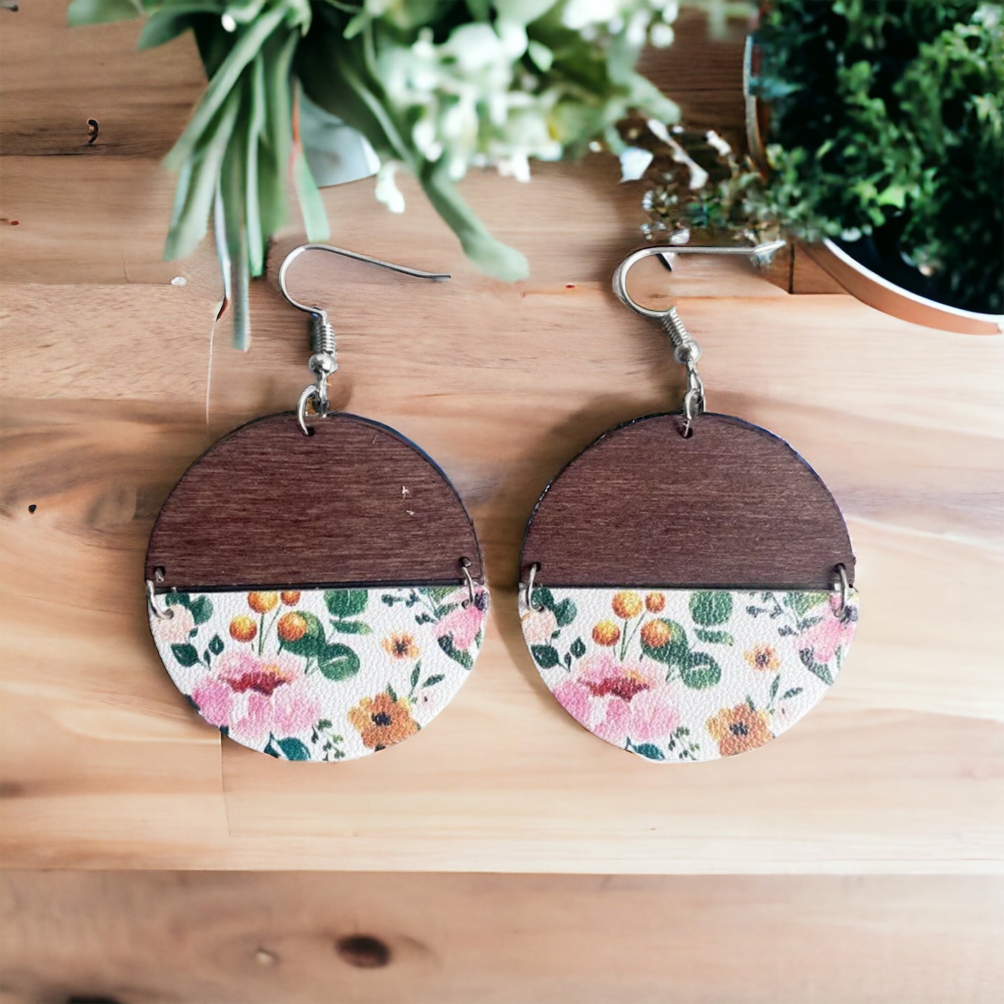 Wood + Leather Half Circle Botanical Floral Earrings