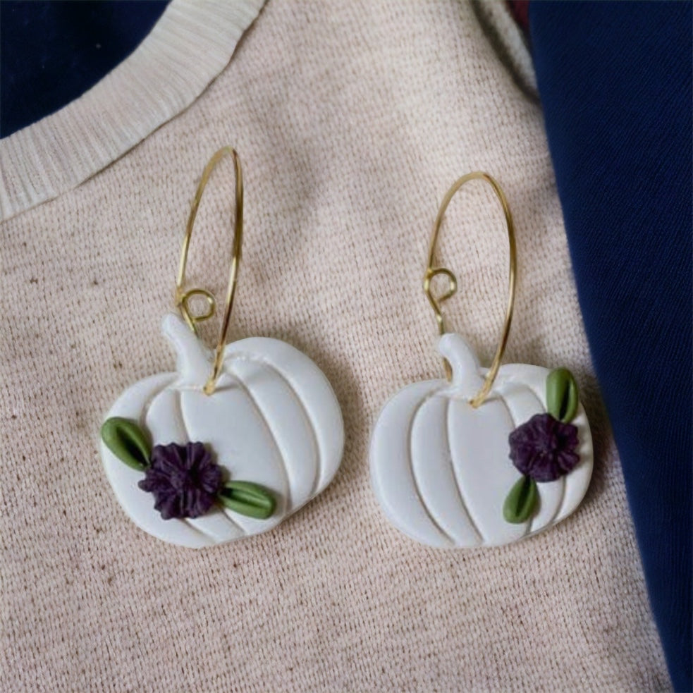 Floral White Pumpkin Clay Gold Hoop Earrings