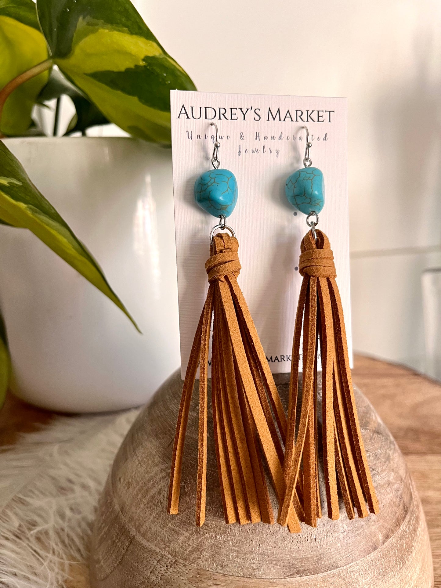 Long Brown Suede Tassel Earrings with Turquoise Stone
