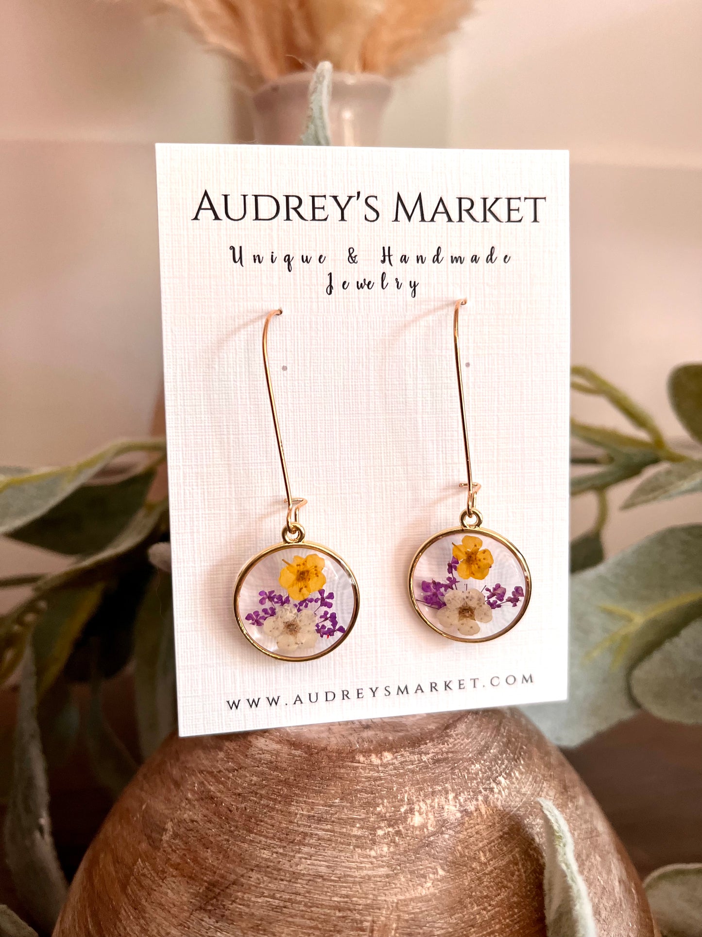 Resin Pressed Flowers Dangle Lavender + Yellow Earrings