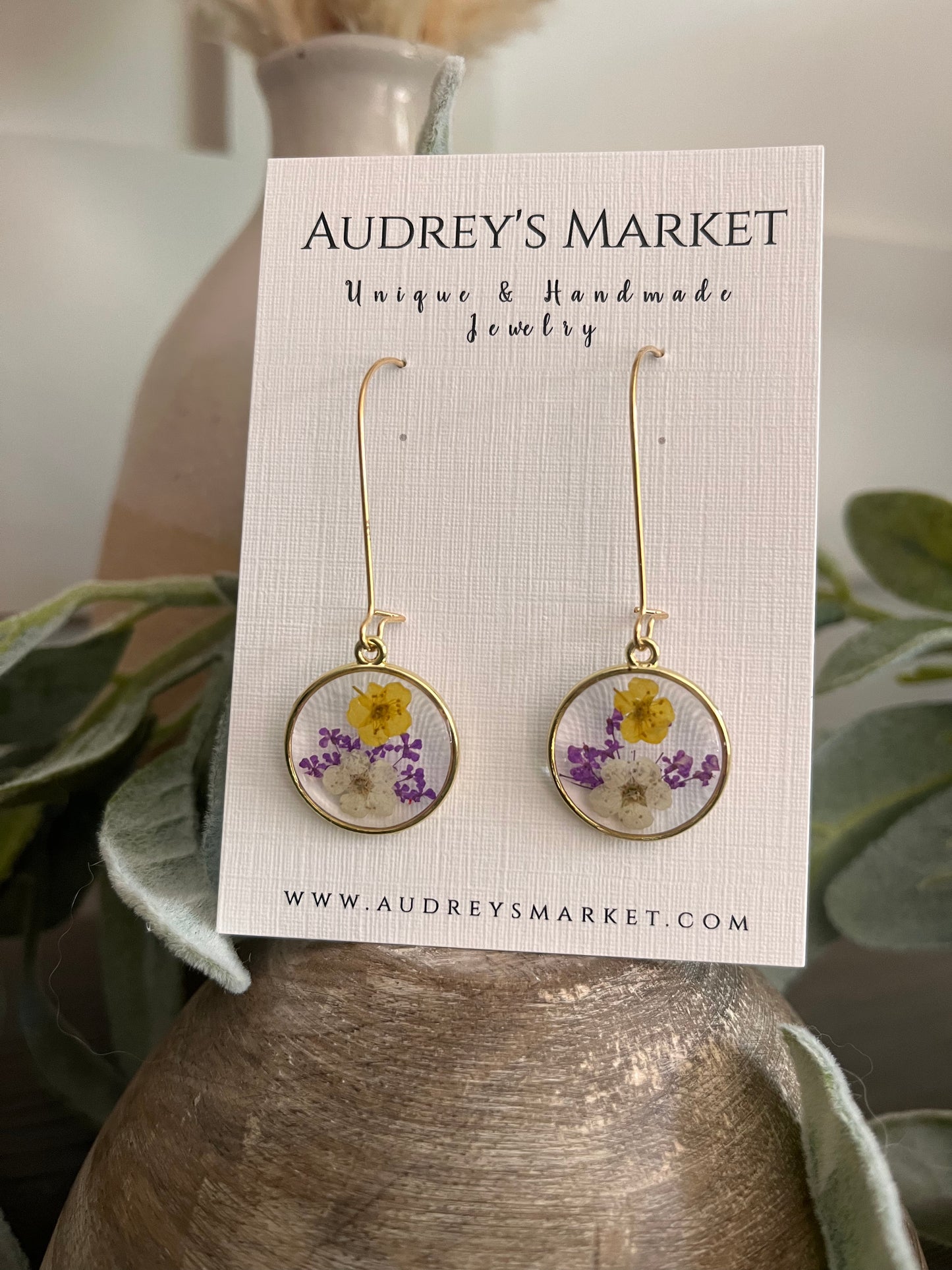 Resin Pressed Flowers Dangle Lavender + Yellow Earrings